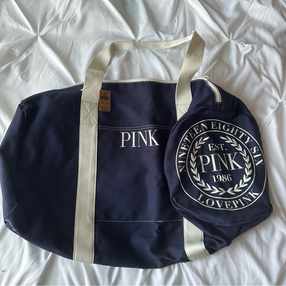 Victoria’s Secret PINK Brand navy blue and white canvas duffel bag, NWT - Picture 4 of 6